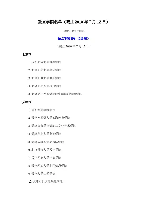 关于独立学院名单(截止2010年7月12日)