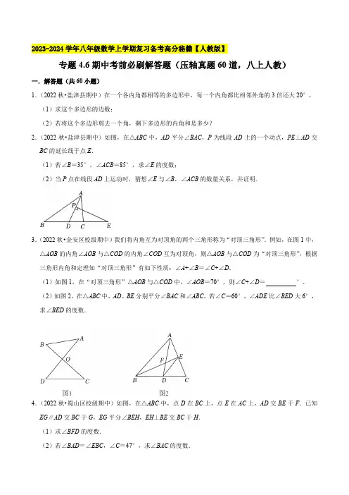期中考前必刷解答题(压轴真题60道,八上人教)八年级数学上学期复习备考高分秘籍【人教版】(原卷版)