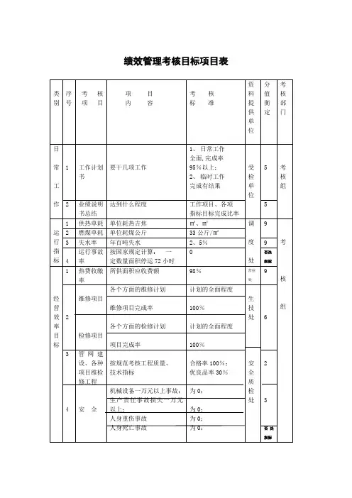 绩效管理考核目标项目表