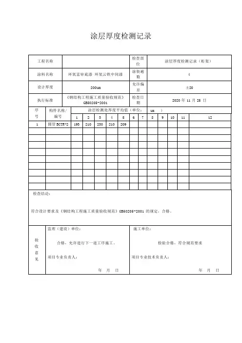 “涂层厚度检测记录 ”填写说明