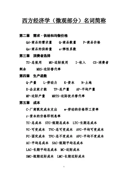 微观经济学简称与公式汇总