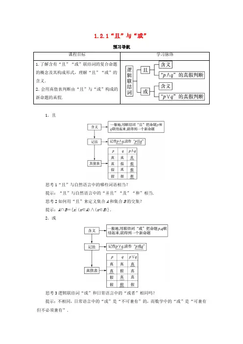高中数学第一章常用逻辑用语1.2基本逻辑联结词1.2.1“且”与“或”预习导学案新人教B版选修1-1
