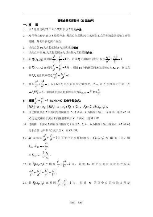 圆锥曲线常用结论