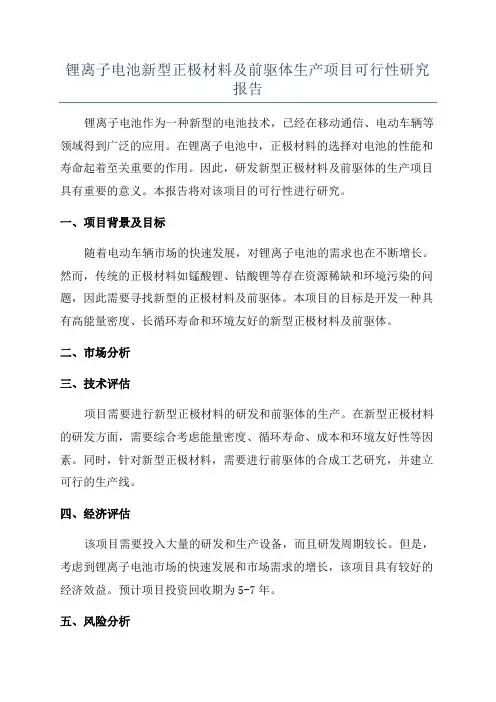 锂离子电池新型正极材料及前驱体生产项目可行性研究报告
