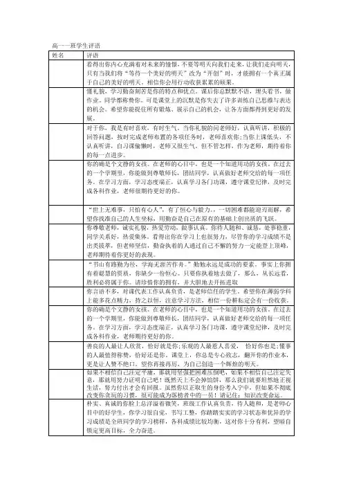 高一(1)班期末评语