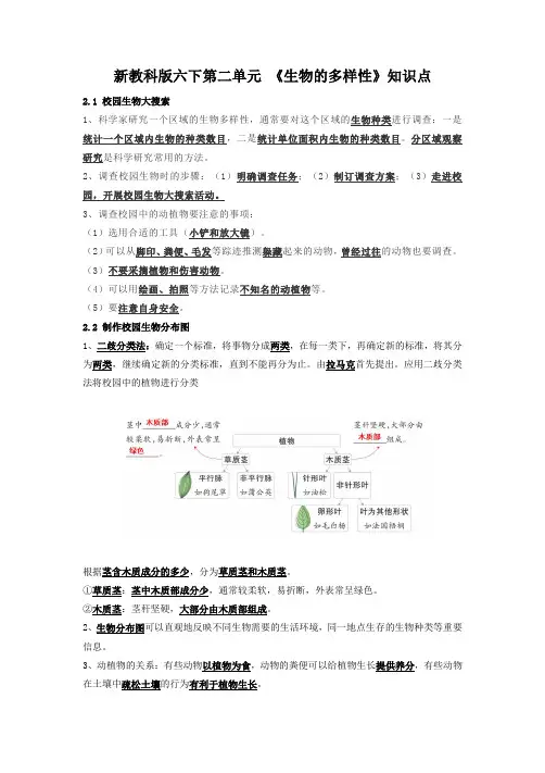 2022-2023新教科版六年级科学下册第二单元《生物的多样性》知识点