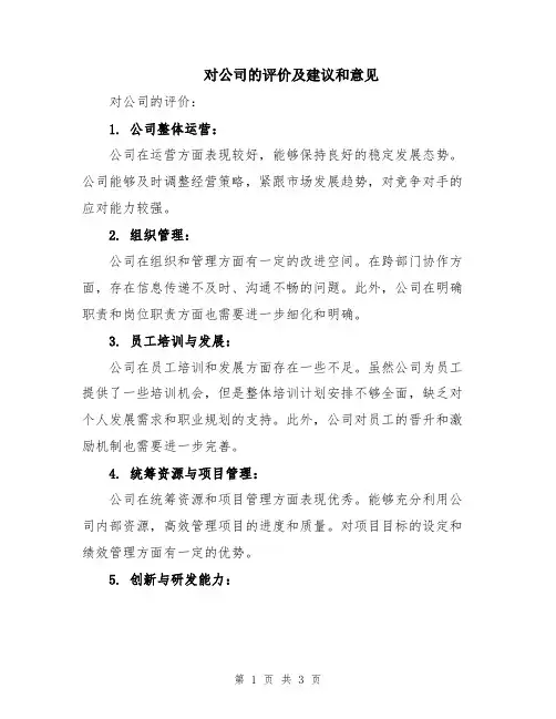 对公司的评价及建议和意见