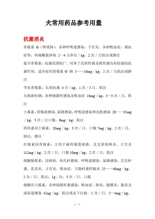 犬常用药品参考用量