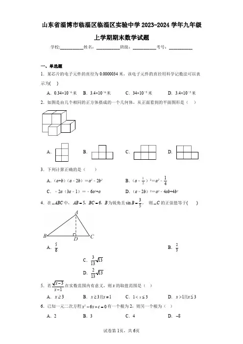 山东省淄博市临淄区临淄区实验中学2023-2024学年九年级上学期期末数学试题