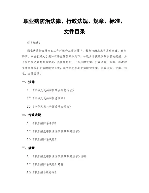职业病防治法律、行政法规、规章、标准、文件目录