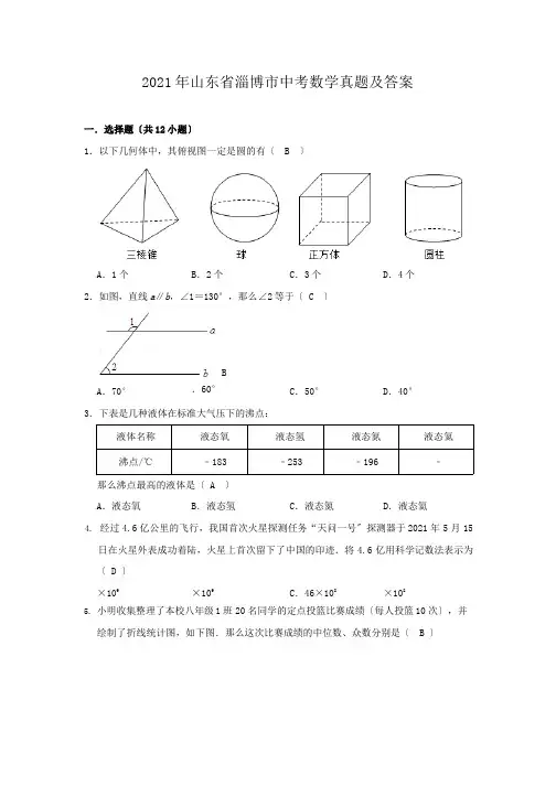 2021年山东省淄博市中考数学真题附答案解析版