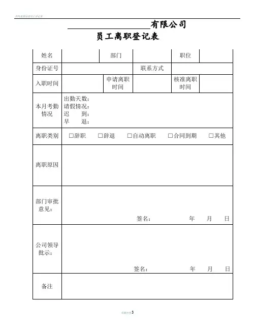 公司员工离职登记表