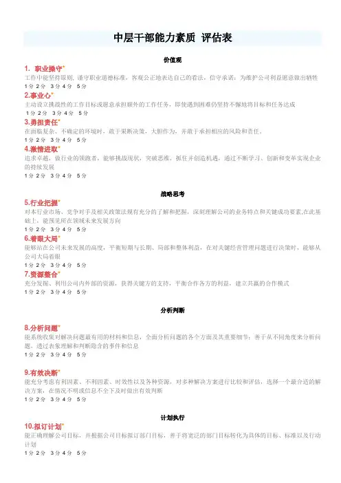 中层干部能力素质 评估表