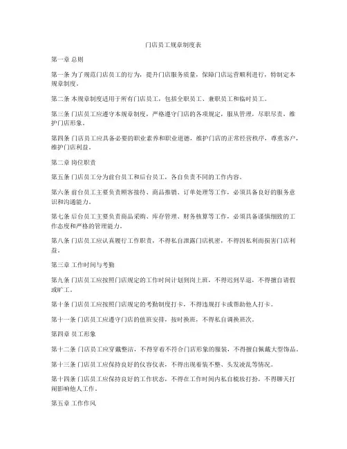 门店员工规章制度表