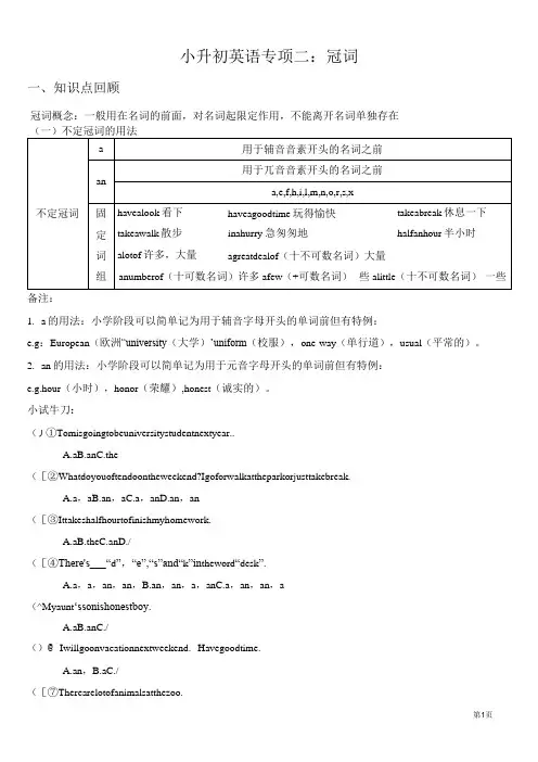 小升初英语专项二：冠词