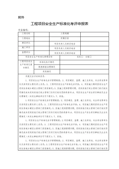 工程项目安全生产标准化考评申报表