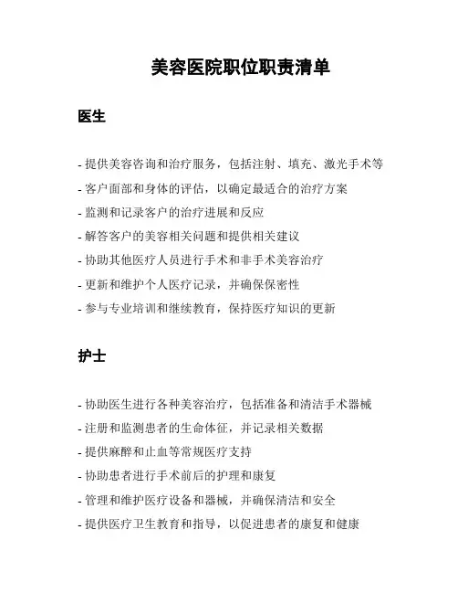 美容医院职位职责清单