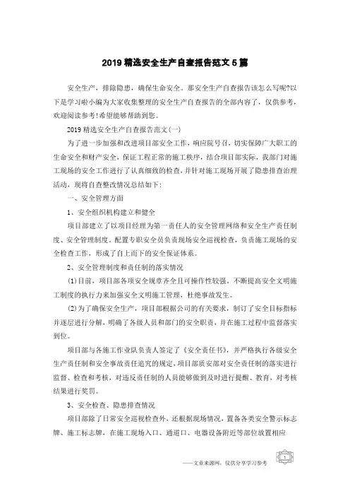 2019精选安全生产自查报告范文5篇