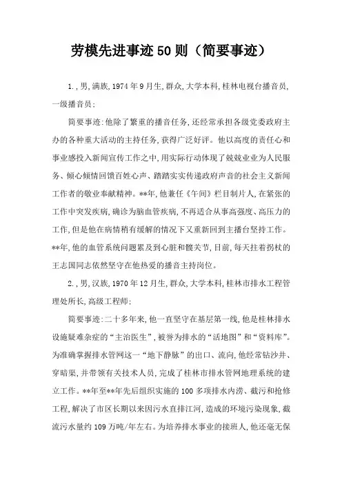 劳模先进事迹50则(简要事迹)