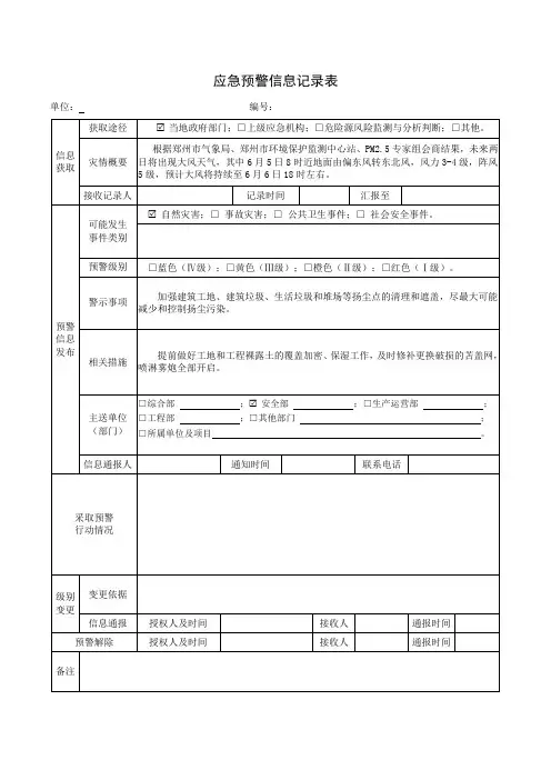 公司应急预警信息记录表