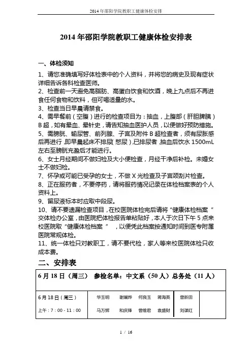 2014年邵阳学院教职工健康体检安排