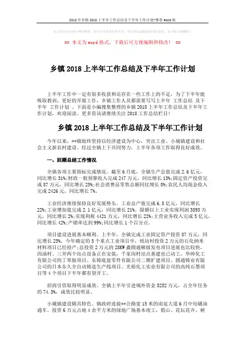 2018年乡镇2018上半年工作总结及下半年工作计划-推荐word版 (9页)