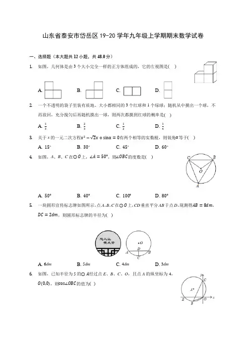 山东省泰安市岱岳区19-20学年九年级上学期期末数学试卷及答案解析