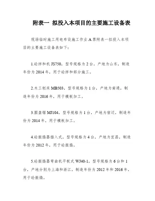 附表一 拟投入本项目的主要施工设备表