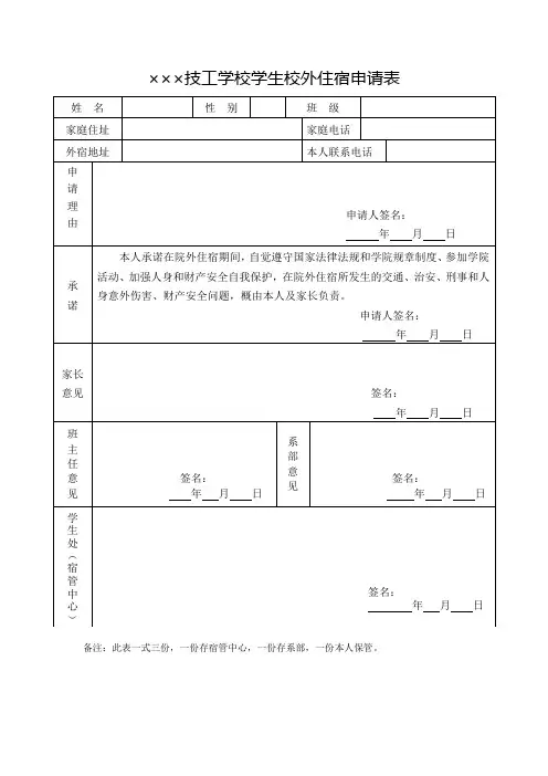 技工学校学生校外住宿申请表