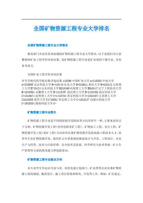 全国矿物资源工程专业大学排名