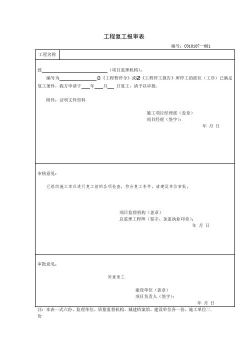 工程复工报审表