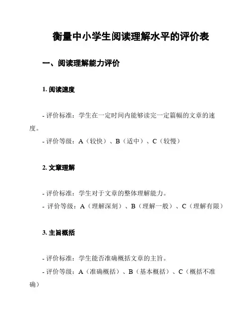 衡量中小学生阅读理解水平的评价表