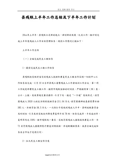 县残联上半年工作计划总结及下半年工作计划