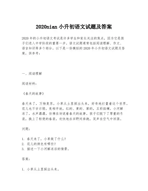 2020nian小升初语文试题及答案