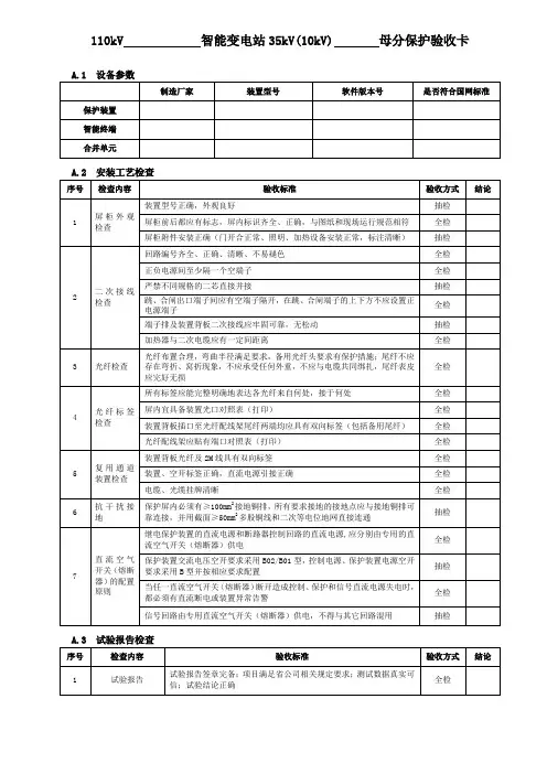 110kV智能变电站35(10)kV母分保护验收卡