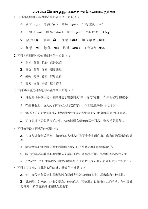 2023-2024学年山东省临沂市平邑县七年级下学期期末语文试题