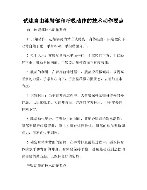试述自由泳臂部和呼吸动作的技术动作要点