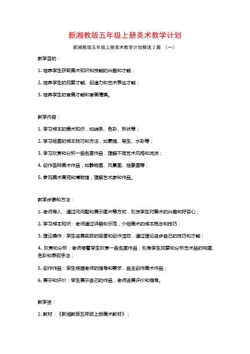 新湘教版五年级上册美术教学计划2篇