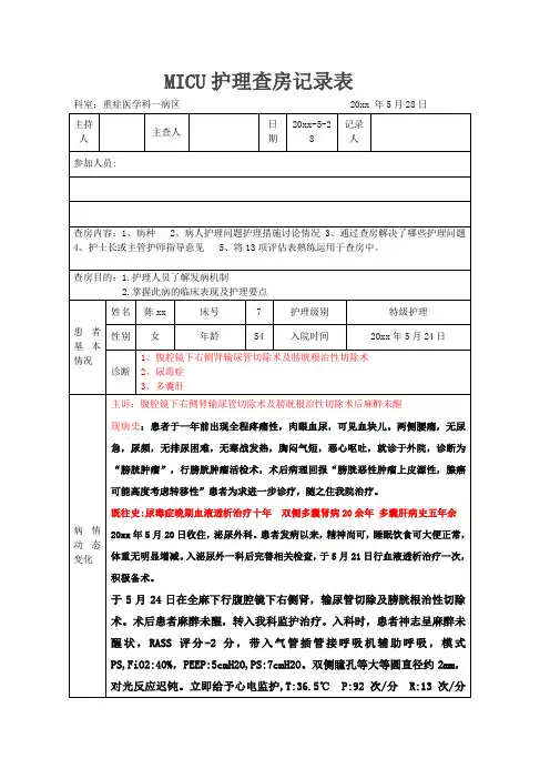 三甲医院《膀胱肿瘤切除术后及尿毒症护理》查房记录