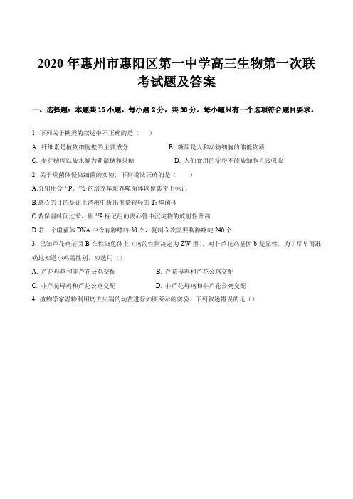 2020年惠州市惠阳区第一中学高三生物第一次联考试题及答案