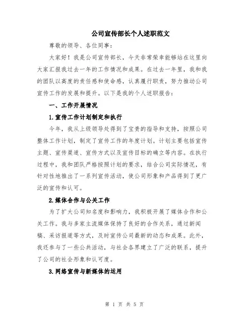 公司宣传部长个人述职范文