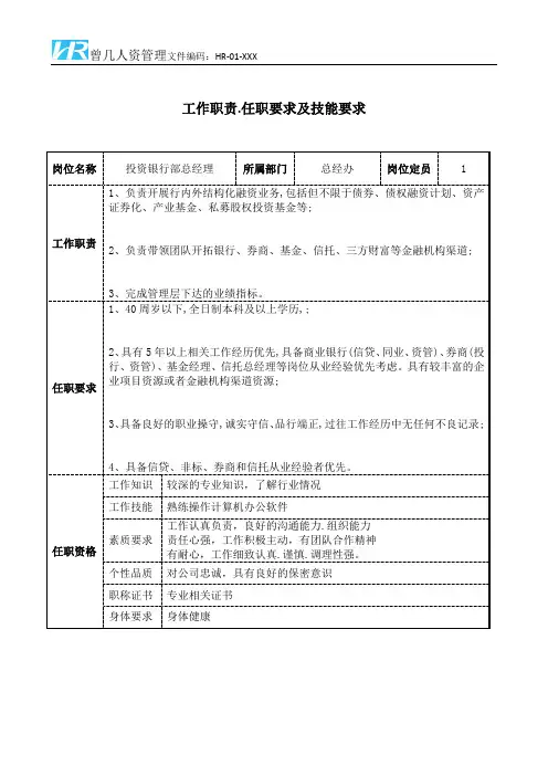 投资银行部总经理工作职责和任职要求模板