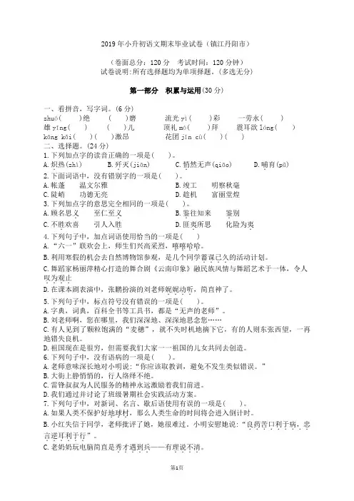 2019年小升初语文期末毕业试卷(镇江丹阳市)