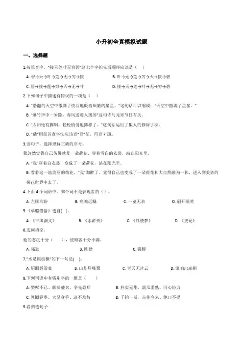 人教部编版2019-2020年小升初语文模拟试题含答案
