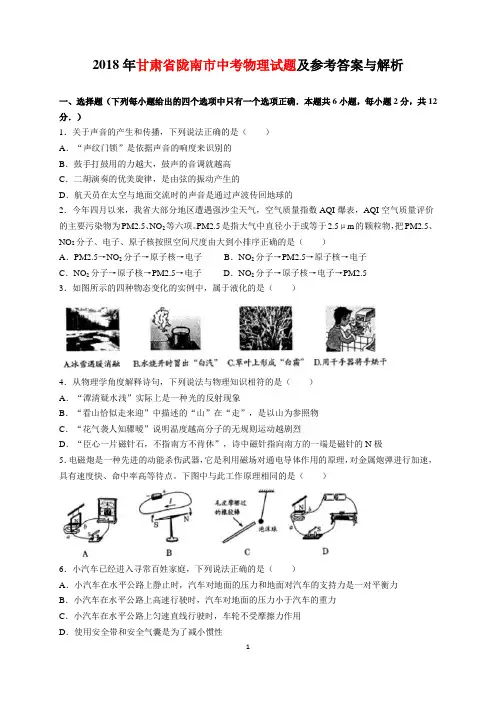 2018年甘肃省陇南市中考物理试题及参考答案(word解析版)