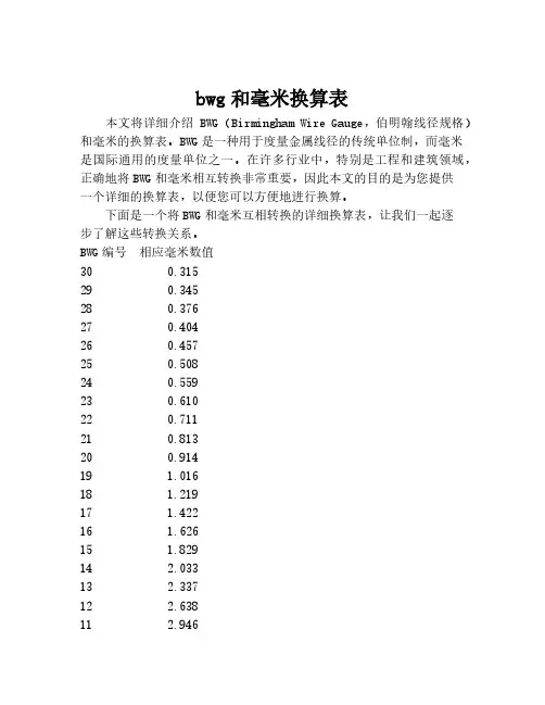 bwg和毫米换算表