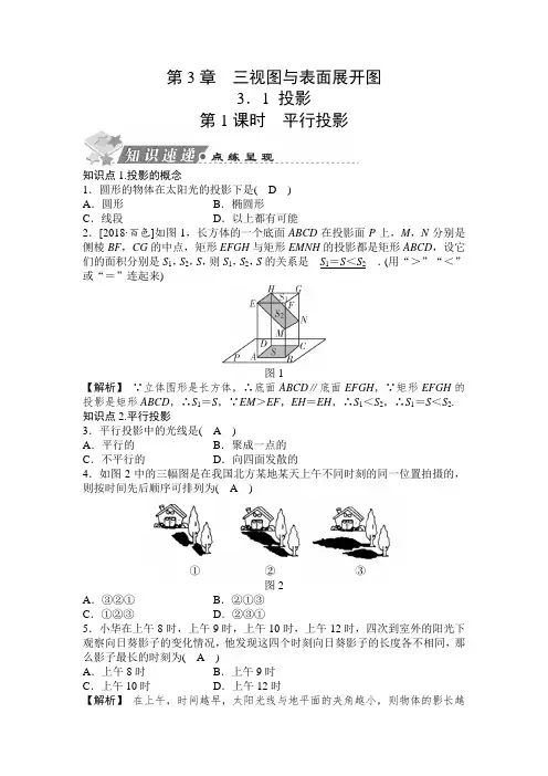 2019秋浙教版数学九年级下册同步测试题：3.1 投影【含答案】