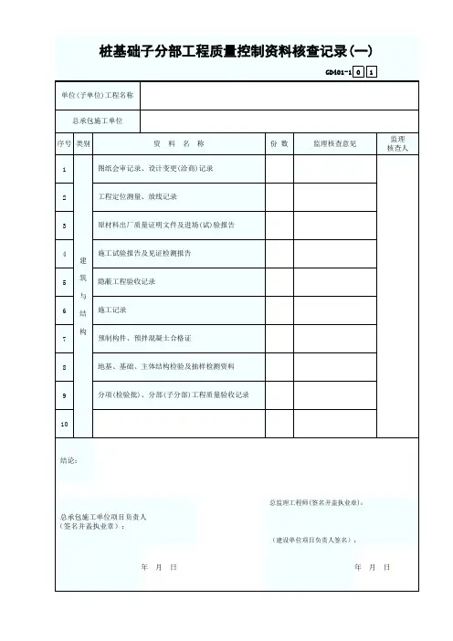 桩基础子分部工程质量控制资料核查记录表