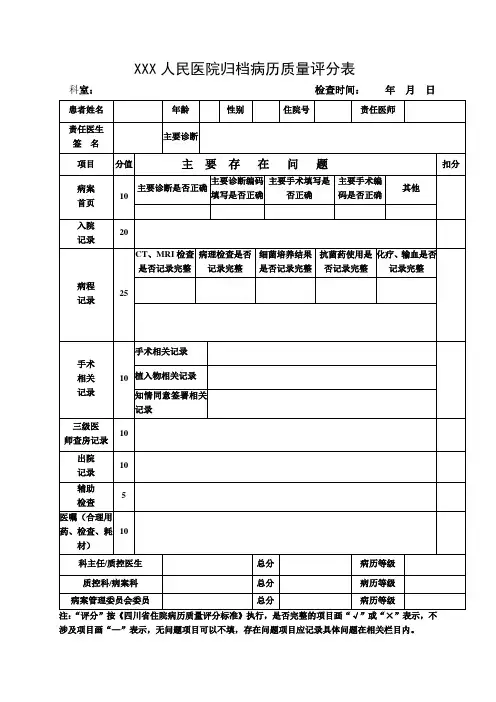 最新医院归档病历质量评分表