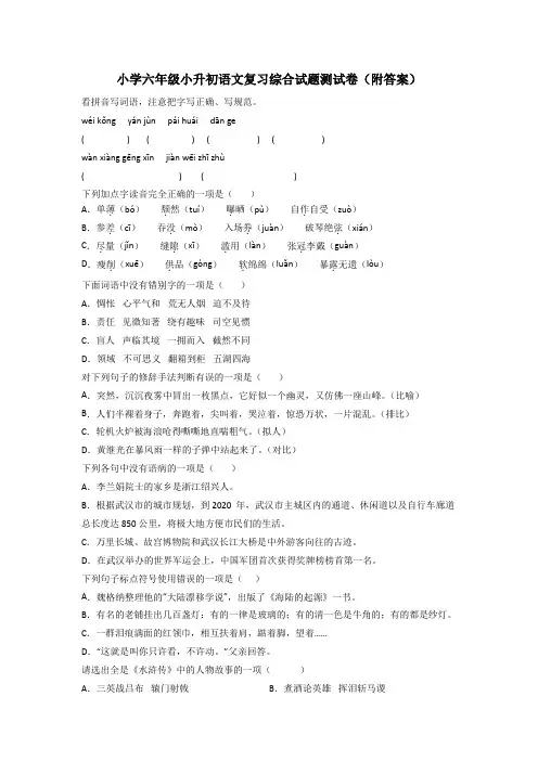 小学六年级小升初语文复习综合试题测试卷(附答案)